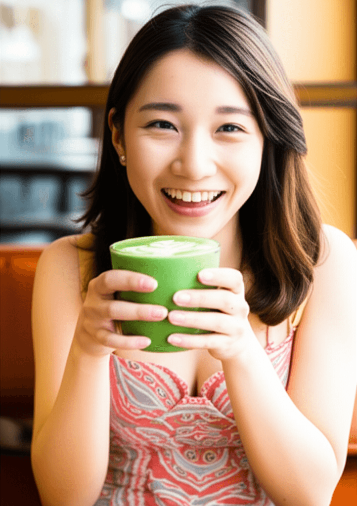 Minami enjoying matcha at a Tokyo cafe