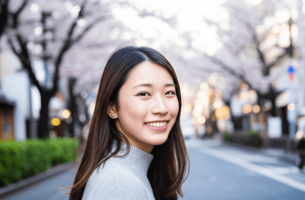 Minami walking under cherry blossoms